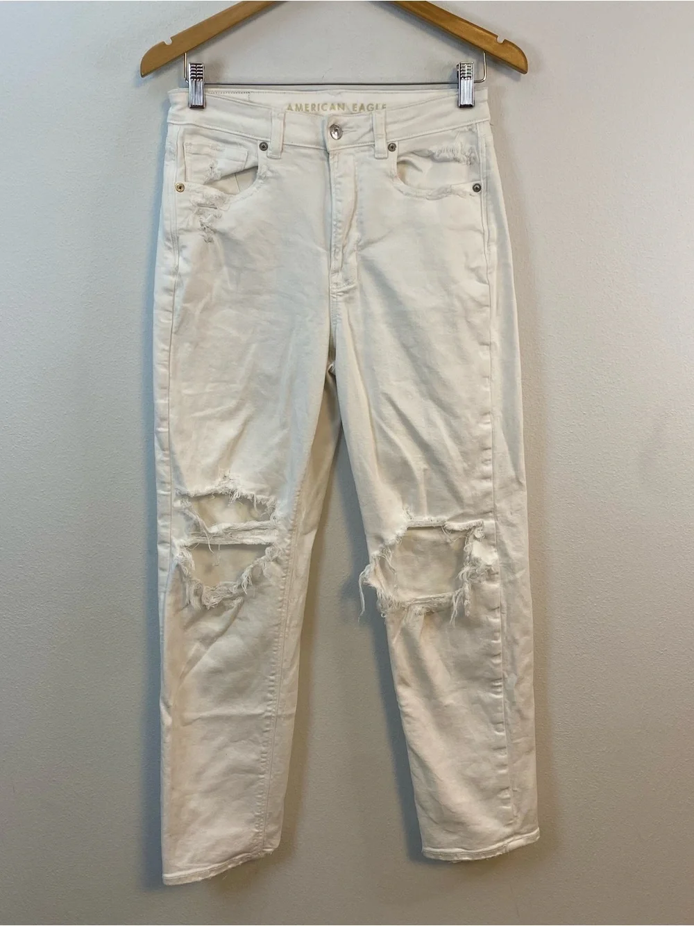 American Eagle Mom Straight Jean White Distressed Stretch Womens 6